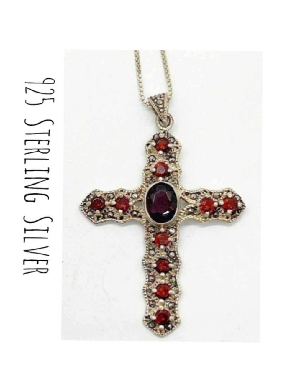 925 Sterling Silver Garnet Crystals Marcasite Cross Pendant w 20" Necklace